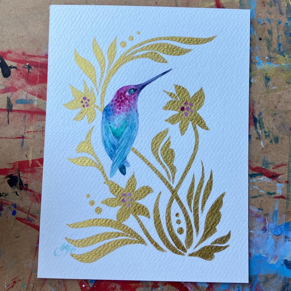 Original painting hummingbird bird art gold accents nature fantasy Artettina USA